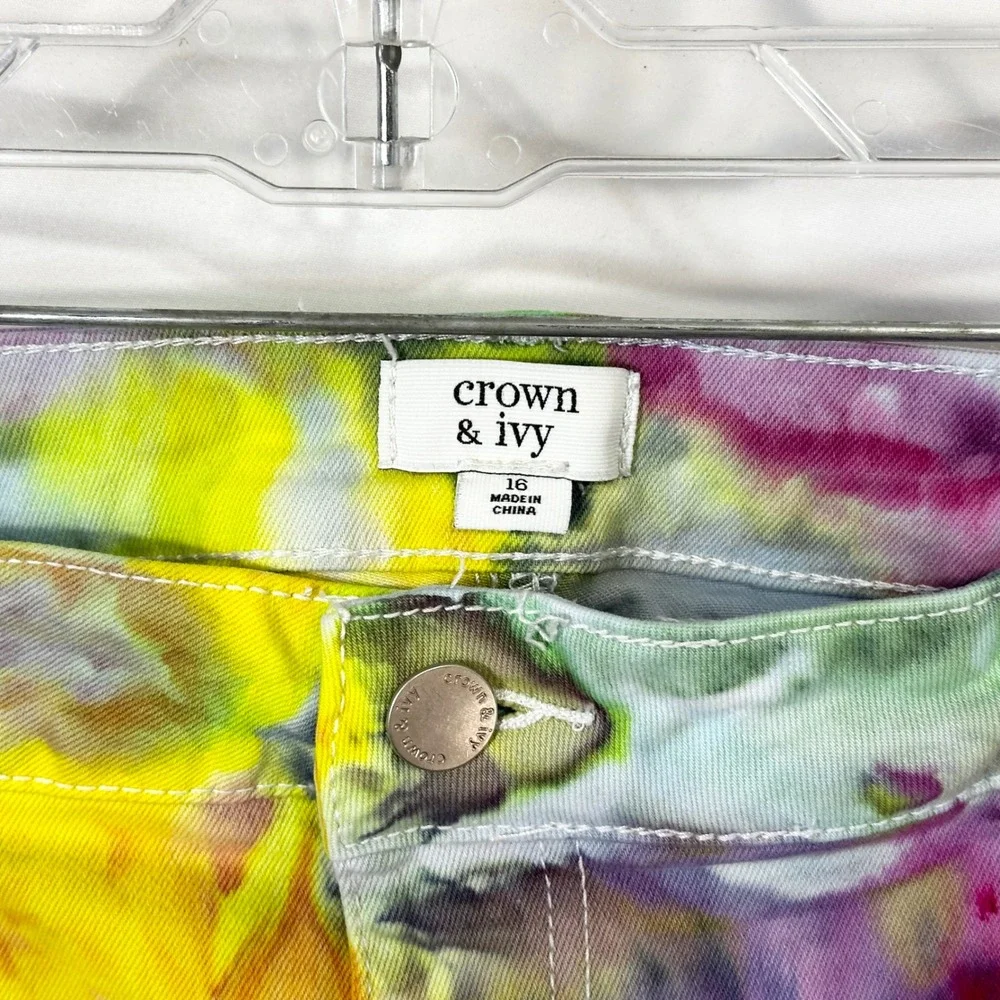 Crown & Ivy Sz 16 Capri Jeans‎ Handmade Tie Dye Denim Yellow Purple Raw Hem 1478